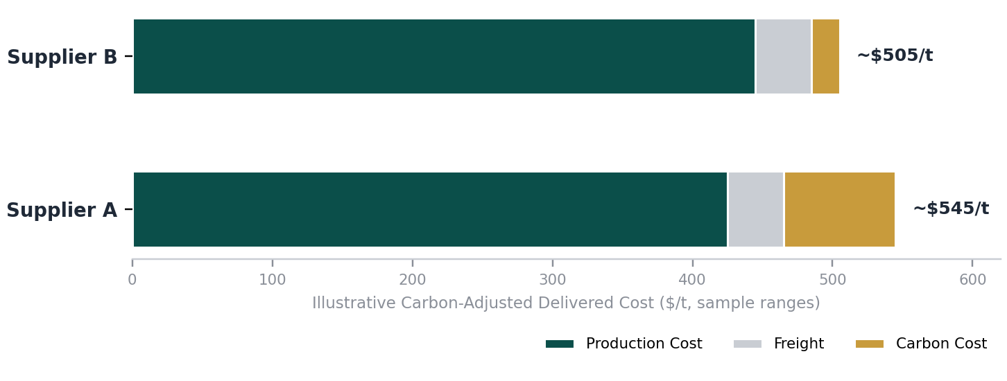 Illustrative carbon-adjusted delivered cost comparison between two suppliers, showing production cost, freight and carbon cost components
